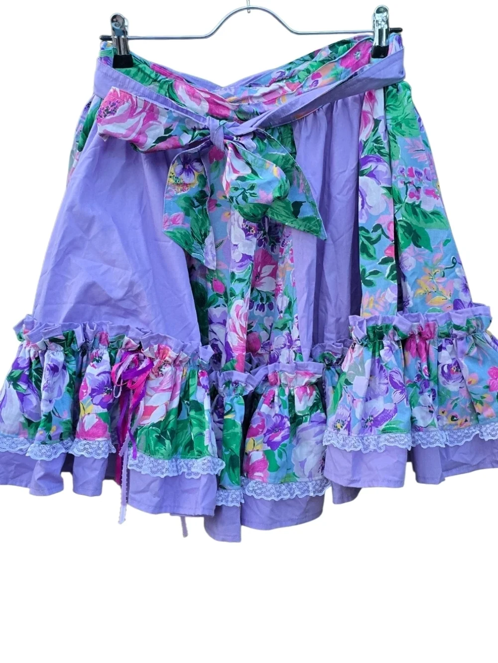 Vintage 80s 90s Floral Pastel Ruffle Mini Skirt Cottagecore Lavender Lace